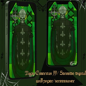 May include: Digital wallpaper featuring a green stained-glass design with a skeletal figure in a papal robe holding a staff. The text reads "Papa Emeritus III / Secondo digital wallpaper/screensaver."