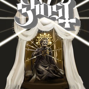 Puede incluir: Una ilustración en blanco y negro de una figura vestida con una túnica negra y una corona de espinas. La figura está rodeada por un halo de luz y sostiene un corazón en sus manos. La figura está sentada en un trono con un paño blanco drapeado sobre él. La palabra "Ghost" está escrita en letras blancas sobre la figura.