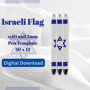 May include: Three pens with a design based on the Israeli flag. The pens are white with blue accents and a blue Star of David. The text "Israeli Flag" and "Digital Download" are also visible.