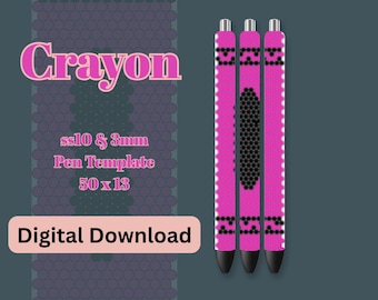 May include: Three pink pens with black and white patterned designs. The word "Crayon" is in pink, along with the text "ss10 & 3mm Pen Template 50 x 13" and "Digital Download". The pens have black tips and silver tops.