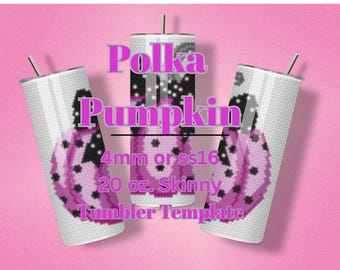 May include: Three cylindrical 20 oz. skinny tumblers featuring a repeating pattern of pink pumpkins with black polka dots on a white grid background. The text Polka Pumpkin 4mm or ss16 20 oz. Skinny Tumbler Template is overlaid in pink.