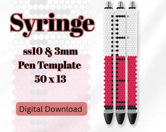 Puede incluir: Plantilla de bolígrafo de descarga digital con la palabra "Syringe" en fuente rojo oscuro. La plantilla incluye el texto "ss10 & 3mm Pen Template 50 x 13" y tres bolígrafos con abalorios blancos, rojos y negros.