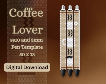 May include: Three beaded pen templates with black tips and silver accents. The pens feature a beige, white, and black pattern. The image includes the text "Coffee Lover" and "Digital Download".