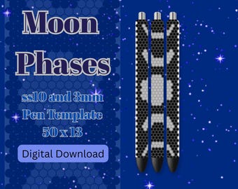 Puede incluir: Tres bolígrafos con patrones geométricos en blanco y negro se muestran sobre un fondo azul oscuro con el texto "Moon Phases". Los bolígrafos tienen puntas plateadas y tinta negra. La imagen también incluye el texto "ss10 and 3mm Pen Template 50 x 13" y "Digital Download."