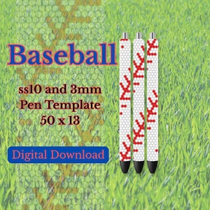 May include: Three white pens with red baseball stitching designs and black tips are displayed against a green grass background. The image includes the text "Baseball", "ss10 and 3mm Pen Template 50 x 13", and "Digital Download".