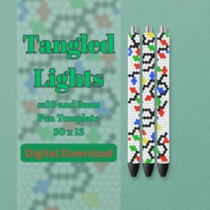 May include: Three pens with white barrels and a colourful geometric design. The pens have black tips and silver accents. The image also includes the text "Tangled Lights" and "Digital Download".