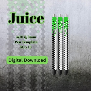 Könnte beinhalten: Drei Stifte mit einem Perlenmuster in Schwarz, Weiß und Grün. Die Stifte haben schwarze Spitzen und silberne Akzente. Das Bild enthält auch das Wort "Juice" in Grün sowie den Text "ss10 & 3mm Pen Template 50 x 13 Digital Download."