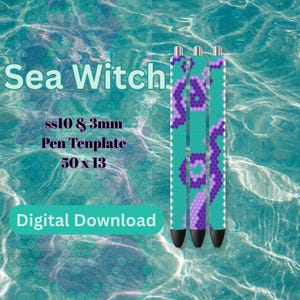 May include: Three pens with a teal and purple beaded design. The pens have black tips and silver accents. The image includes the text "Sea Witch", "ss10 & 3mm Pen Template 50 x 13", and "Digital Download". The background is a water texture.