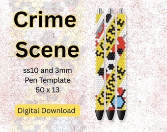 May include: Three pens with a colorful beaded design. The pens have a pattern of yellow, black, red, white, and blue beads. The text "Crime Scene" is displayed above the pen design, with "Digital Download" below.