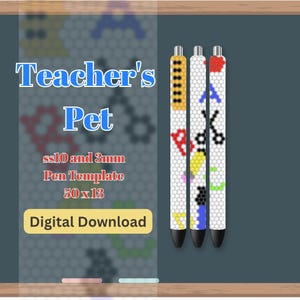 May include: Three white pens with colorful designs, including scissors, apples, and stars. The pens are part of a digital download template labeled "Teacher's Pet" with the text "ss10 and 3mm Pen Template 50x13" and "Digital Download."