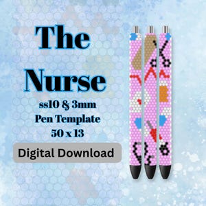 Könnte beinhalten: Drei Stifte mit rosa Perlendesigns mit medizinischen Symbolen. Der Text auf dem Bild lautet "The Nurse" und "Digital Download". Der Hintergrund ist ein hellblauer Aquarell-Effekt.