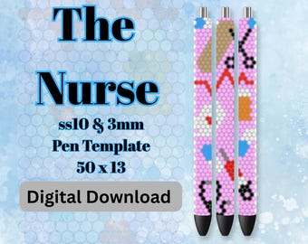 Puede incluir: Tres bolígrafos con diseños de cuentas rosas con símbolos médicos. El texto de la imagen dice "The Nurse" y "Digital Download". El fondo es un efecto de acuarela azul claro.