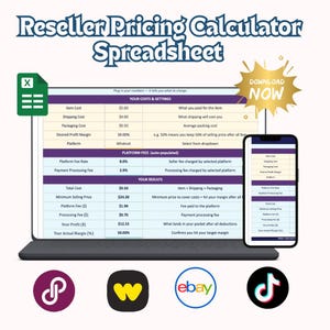 Könnte beinhalten: Ein Laptop-Bildschirm zeigt eine Preisrechner-Tabelle für Wiederverkäufer mit Kosten und Gewinnmargen. Ein Smartphone zeigt eine mobile Version. Der Text "Download Now" und Logos verschiedener Plattformen sind ebenfalls zu sehen.