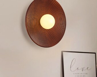 Round Walnut Wood Wall Lamp/ Handmade Sconce Fixture/ Wooden lampshade Living Room, Bedroom/ Handcrafted Light and Dark wood wall lights