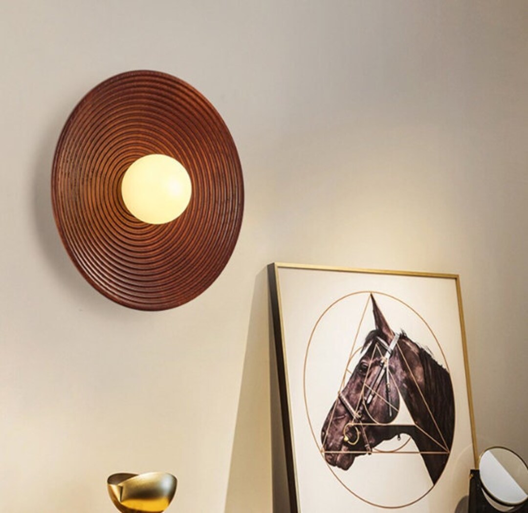 Round Walnut Wood Wall Lamp/ Handmade Sconce Fixture/ Wooden Lampshade ...