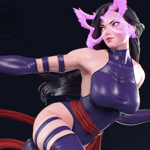 May include: A purple figurine of a character with long black hair and a purple bodysuit. The character has a red sash and a pink energy effect around the eyes. The image includes the text "PATREON" and "www.patreon.com/peachfigure".