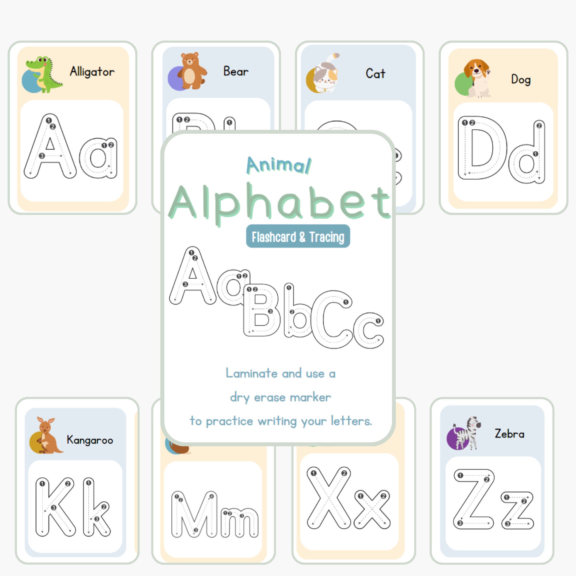 Animal Alphabet Flashcards and Tracing Practice - Etsy