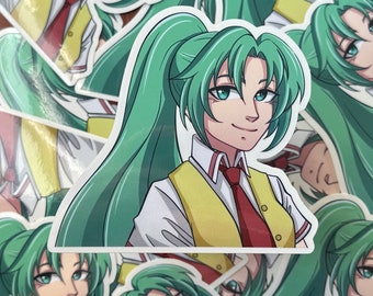 May include: A sticker featuring a cartoon anime character with long green hair, wearing a yellow waistcoat, white shirt, and red tie. The character has a bright smile and is looking to the right.