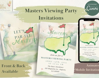 May include: A watercolor-style invitation for a Masters Viewing Party. The invitation features a green golf course with a flag and the word "MASTERS" in a green cursive font. The text on the invitation reads "Join us for a Masters Viewing Party, April 14th, 2024 at 10:00 AM, The Bate's Residence, 123 Magnolia Ln., Augusta, GA 30909".