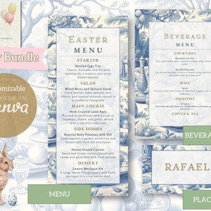 May include: A printable Easter menu template featuring a blue and white floral design. The menu includes a starter, salad, main course, side dishes, dessert, and beverage options. The text "Easter Menu" is at the top of the page. The menu is customisable and made in Canva.