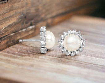 Sterling Silver Halo Pearl Earrings, Pearl Earrings, Diamond Stud Earrings, Bridal Earrings , Cluster Earrings, Gifts For Her