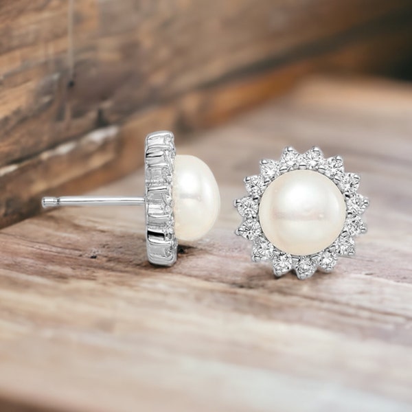 Sterling Silver Halo Pearl Earrings, Pearl Earrings, Diamond Stud Earrings, Bridal Earrings , Cluster Earrings, Gifts For Her