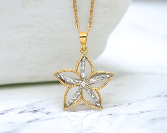 Gold Flower Pendant Necklace, Handmade Diamond Cut Flower Pendant 18" Chain