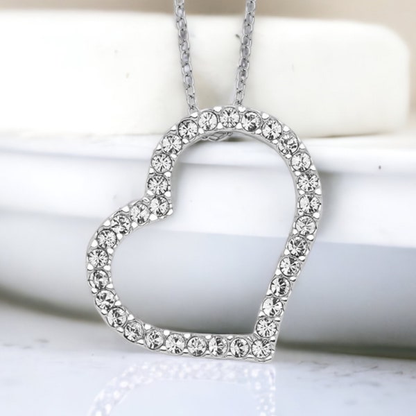 Collier pendentif à cœur ouvert en cristal Swaroski blanc en argent sterling, collier de cœur simple délicat, cadeau pour elle, collier minimaliste