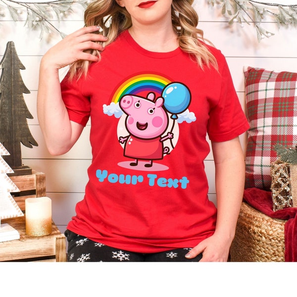 Custom Text Peppa Pig Rainbow Balloon T-shirt, Sweatshirt, Kids Gift, Cartoon Apparel, Toddler Shirt