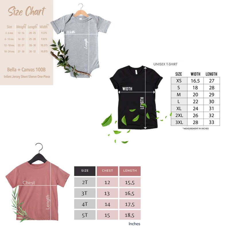 May include: Size chart for unisex t-shirts, infant onesies, and toddler t-shirts. The chart shows measurements in inches for chest, width, and length. The chart includes sizes XS, S, M, L, XL, 2XL, 3XL, 2T, 3T, 4T, and 5T.