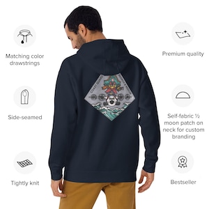 May include: Navy blue hoodie with a graphic on the back featuring a cartoon character with the text "Coast Guard Search & Rescue." The hoodie has matching color drawstrings, side seams, and a tightly knit fabric. It is a premium quality bestseller.