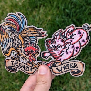 Tread Rooster and Water Pig pair of Patches 4&quot;