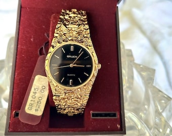 Vintage Gruen Gold tone Nugget Style Black Dial Men's Watch