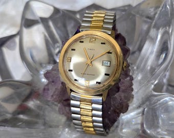 Vtg Timex Watch Mens Marlin 1972 Day Indicator 35 mm Gold Tone