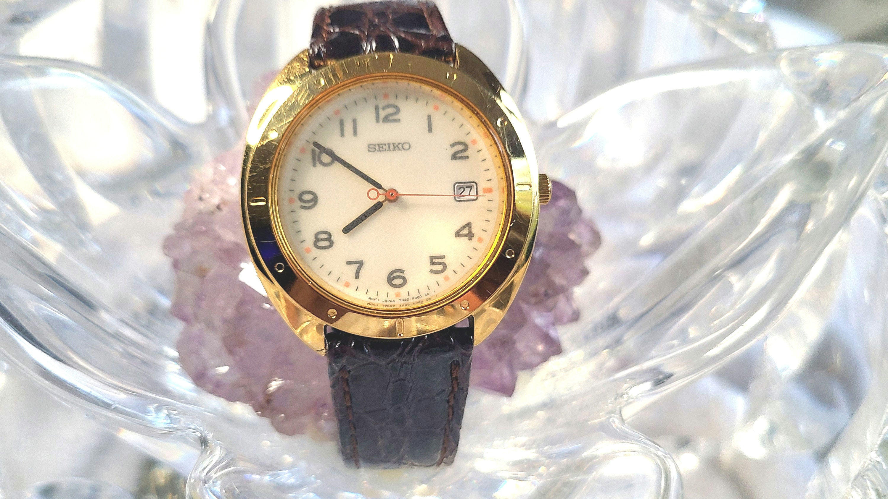Vintage Seiko 7n32 Quartz Date Gold Tone New Leather Band Men s Watch