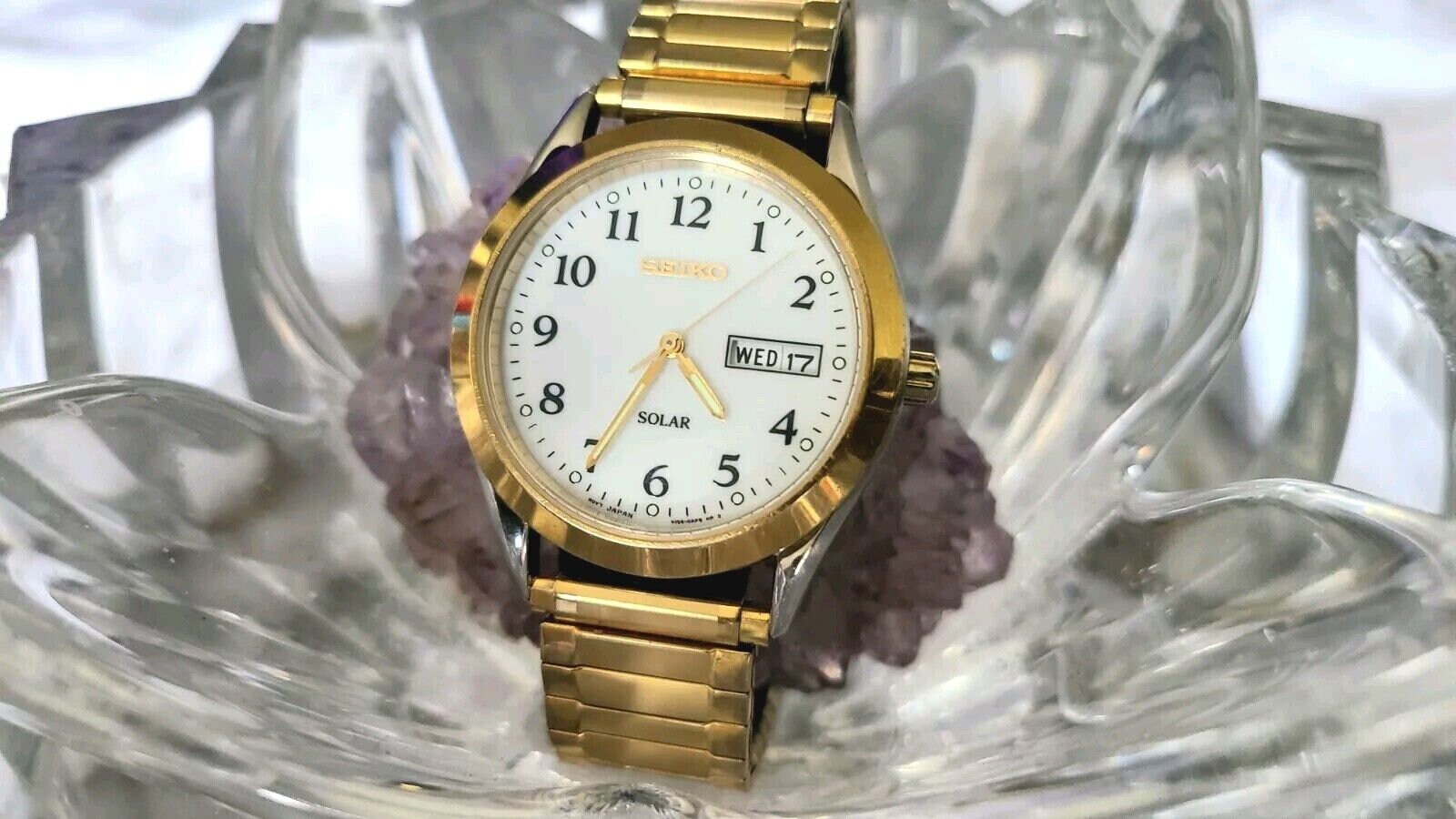 Seiko Men's Watch V158-0AB0 Solar Day Date Gold Tone White Dial - Etsy