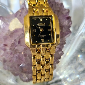 Geneve Swiss Gold Tone Black Dial Quartz Women's Watch