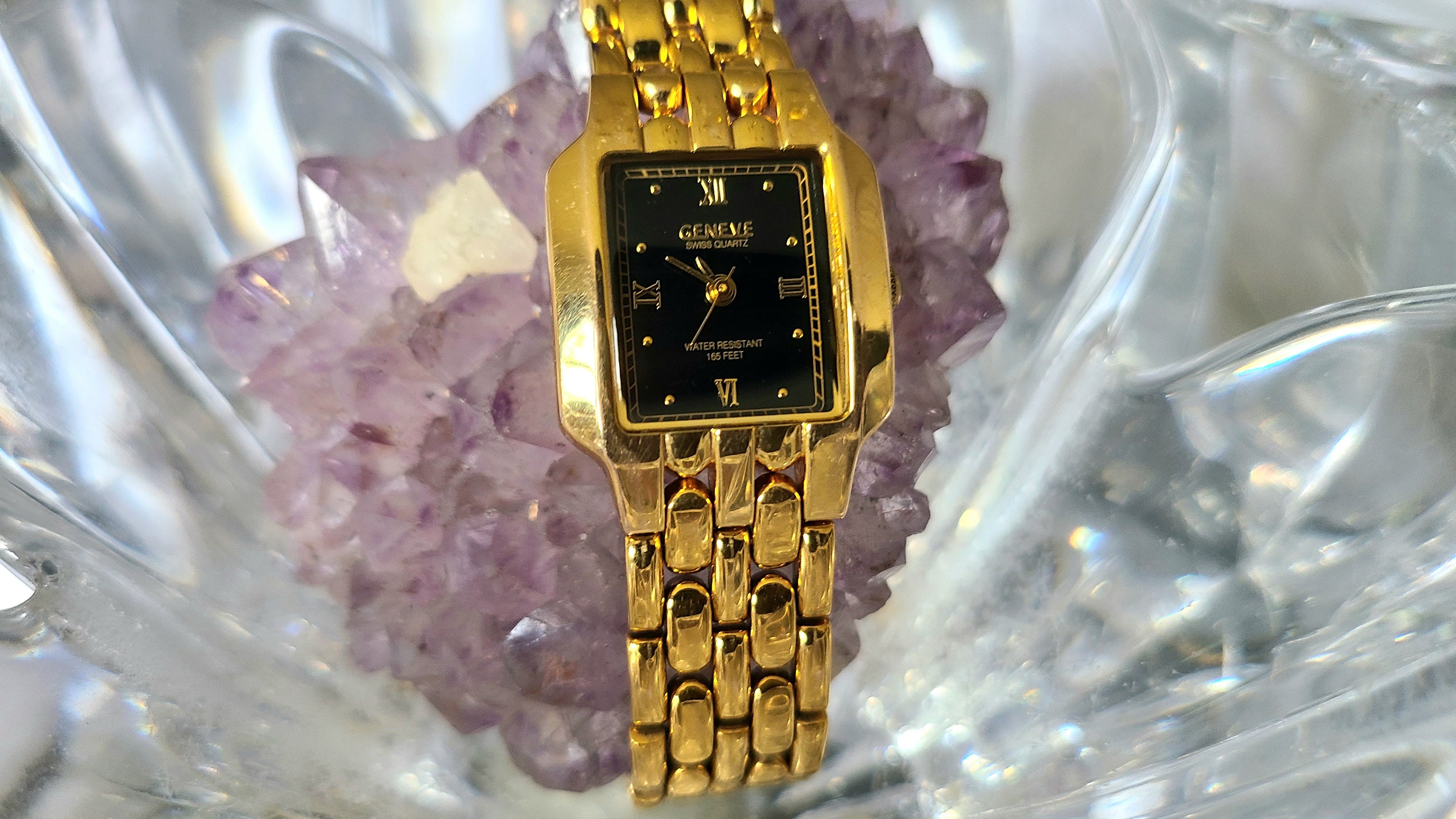 Reloj Geneve Swiss de cuarzo con esfera negra y tono dorado para mujer Etsy Espana