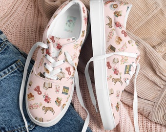 Womens Cozy Book Shoppe Lace-up Canvas Shoes, Reader and Floral Patterned Sneaker, Pink Puppy & Book Lover Tennis Shoe