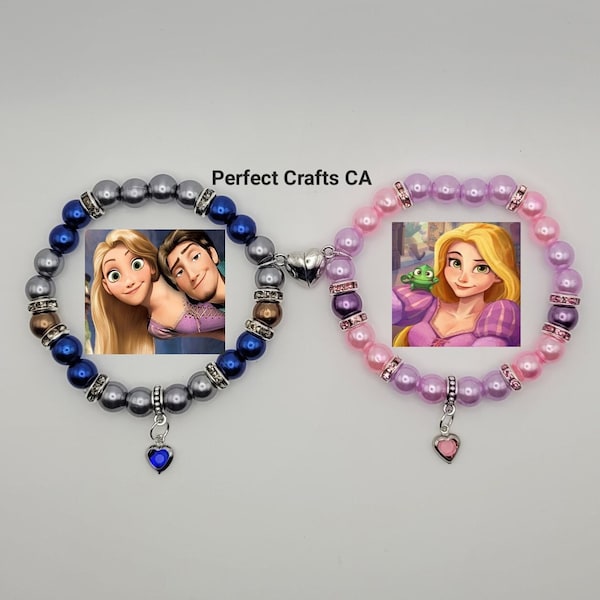 Rapunzel and Flynn Set of Two Matching Couple Beaded Bracelets, Magnetic Heart Bracelets, Add on Stickers / Temporary Tattoo