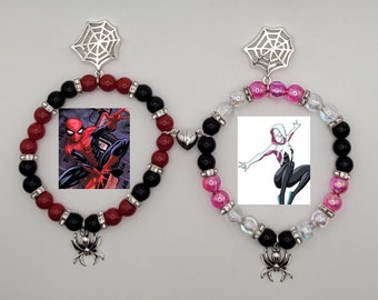 Spiderman Miles Morales Bracelet & Gwen Stacy Set of Two Matching Couple Beaded Bracelets, Add on Stickers/Temporary Tattoo