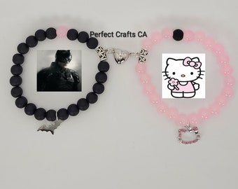 Set of 2 Matching Cartoon Bracelets, Hello Kitty and Bat,  Matching Bracelets,  Couple bracelets,  Friendship bracelets