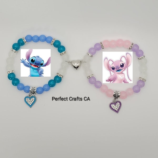 Set of two matching couple bracelets, Stitch and Angel Friendship bracelets, Magnetic Heart bracelets, Add on Stickers/ Temporary Tattoo