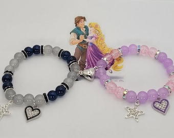 Rapunzel and Flynn Set of Two Matching Couple Beaded Bracelets, Magnetic Heart Bracelets, Add on Stickers / Temporary Tattoo