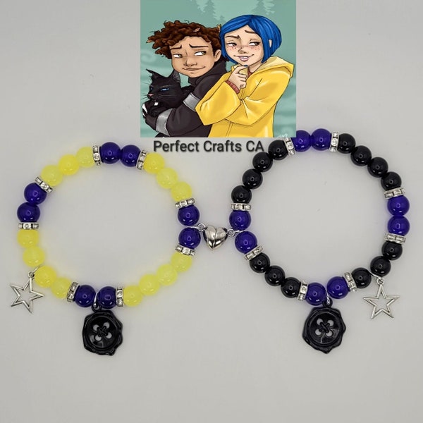 Coraline and Wybie set of two matching couple bracelets, Friendship bracelets,  Magnetic Heart Bracelets,  Gift For Her/Him