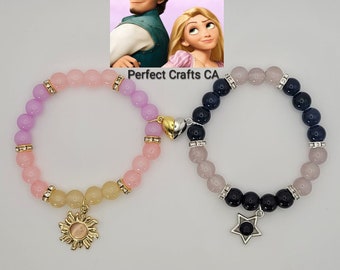 Rapunzel and Flynn Set of Two Matching Couple Beaded Bracelets, Magnetic Heart Bracelets, Add on Stickers / Temporary Tattoo