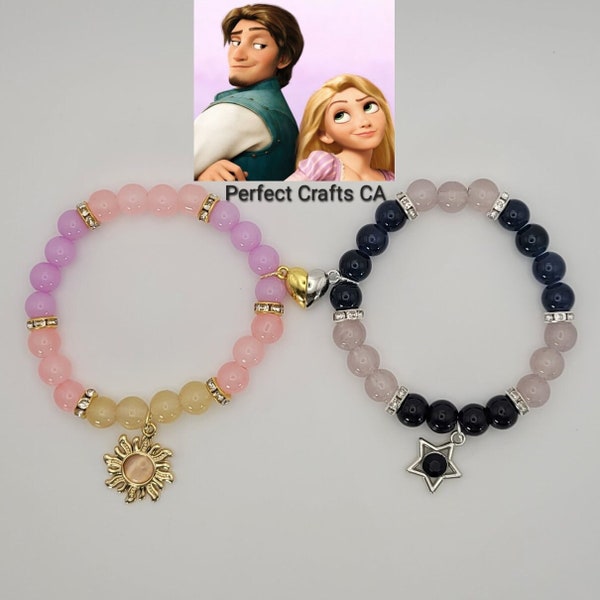 Rapunzel and Flynn Set of Two Matching Couple Beaded Bracelets, Magnetic Heart Bracelets, Add on Stickers / Temporary Tattoo