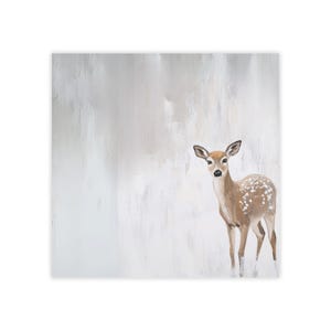 May include: A painting of a white-tailed deer with brown fur and white spots standing in a snowy forest. The background is a soft, muted gray with white brushstrokes.