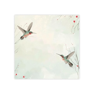 May include: Two green hummingbirds with red accents fly against a light blue and white background with red berries on branches.