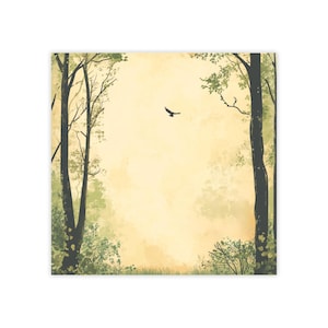 May include: A digital illustration of a forest scene with two trees on either side of the image. The trees are silhouetted against a light yellow background with a single bird flying in the center of the image.